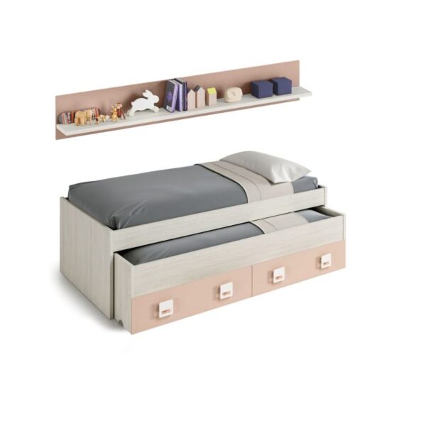 Cama doble juvenil + estante Nube Blanco Alpes - Rosa 200 x 65 x 96 cm
