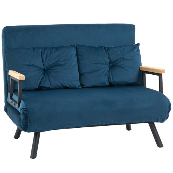 HOMCOM Sofá Cama 2 Plazas Plegable en Terciopelo Azul con Respaldo Ajustable y Cojines (102x73x81 cm)